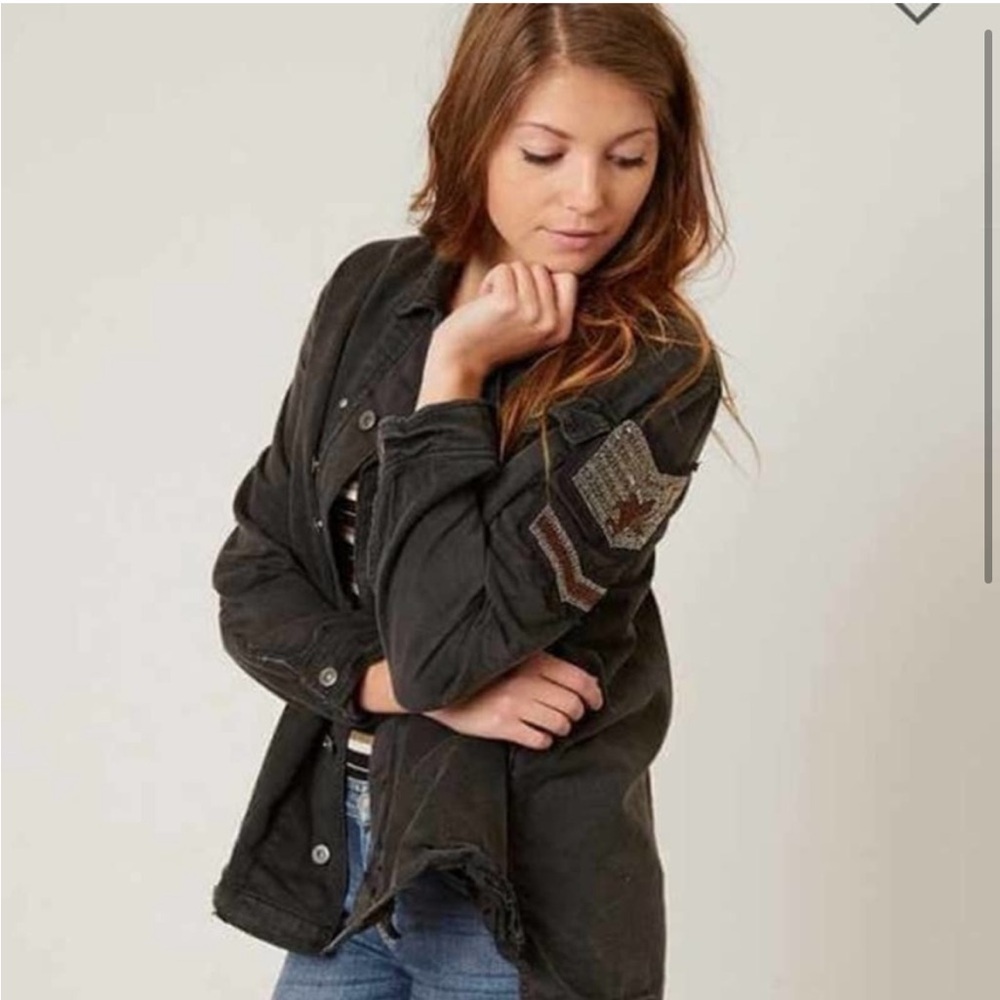 Free People Embellished Military Shirt Jacket Oversized XS Gunmetal Eagle Beaded